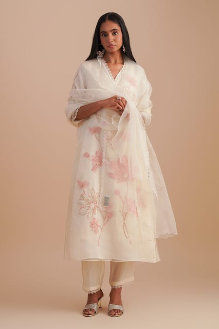 One Not Two White Silk, Organza, Crepe Sequins, Beads V-neck Floral Applique Kurta Set 