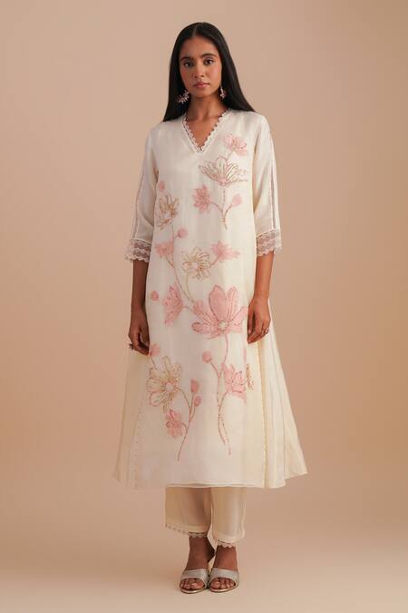 Shop_One Not Two_White Silk, Organza, Crepe Sequins, Beads V-neck Floral Applique Kurta Set _Online_at_Aza_Fashions