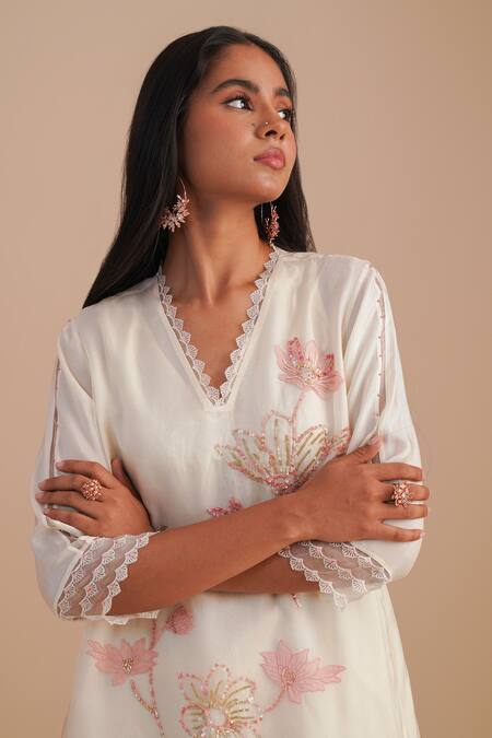 Buy_One Not Two_White Silk, Organza, Crepe Sequins, Beads V-neck Floral Applique Kurta Set 