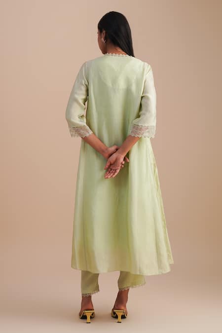 Shop One Not Two Green Silk, Organza, Crepe Sequins, Beads V-neck Floral Applique Kurta Set at Aza Fashions Shop_One Not Two_Green Silk, Organza, Crepe Sequins, Beads V-neck Floral Applique Kurta Set _at_Aza_Fashions