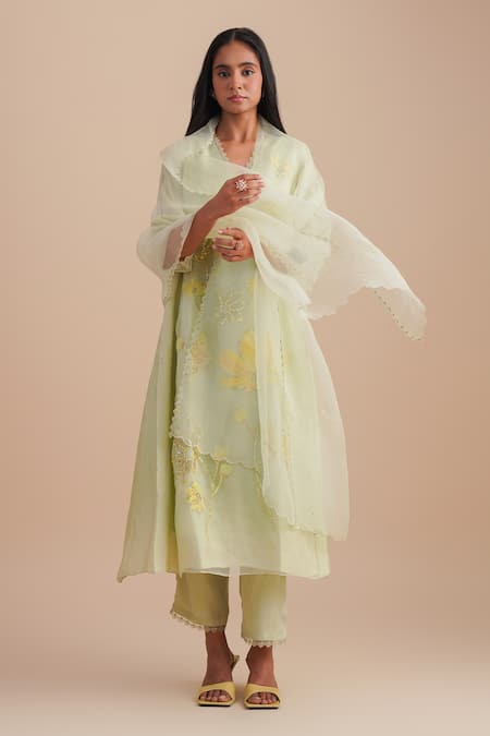 One Not Two Green Silk, Organza, Crepe Sequins, Beads V-neck Floral Applique Kurta Set 
