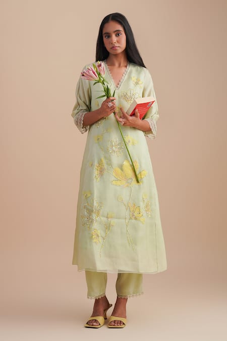 One Not Two Green Silk, Organza, Crepe Sequins, Beads V-neck Floral Applique Kurta Set Online at Aza Fashions One Not Two_Green Silk, Organza, Crepe Sequins, Beads V-neck Floral Applique Kurta Set _Online_at_Aza_Fashions