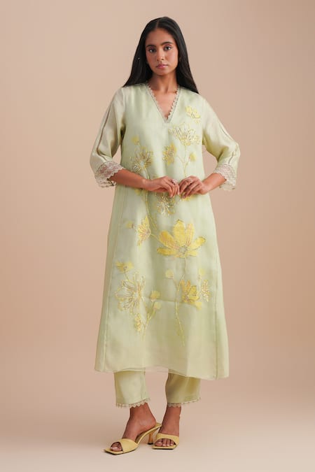 Buy One Not Two Green Silk, Organza, Crepe Sequins, Beads V-neck Floral Applique Kurta Set Online at Aza Fashions Buy_One Not Two_Green Silk, Organza, Crepe Sequins, Beads V-neck Floral Applique Kurta Set _Online_at_Aza_Fashions