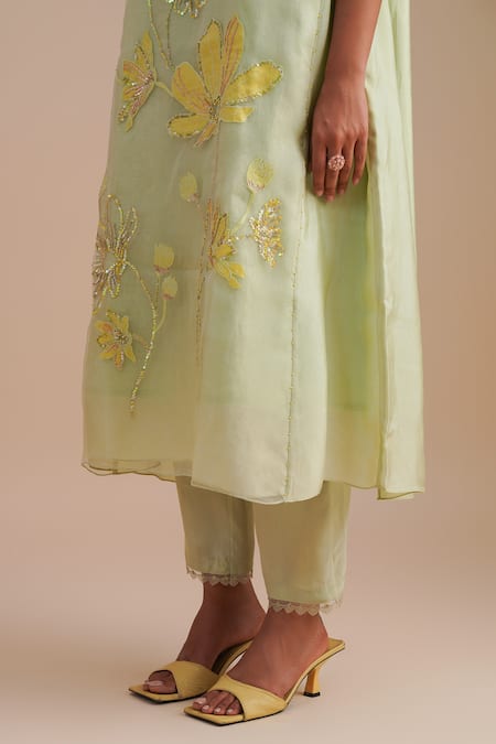 Shop One Not Two Green Silk, Organza, Crepe Sequins, Beads V-neck Floral Applique Kurta Set Online at Aza Fashions Shop_One Not Two_Green Silk, Organza, Crepe Sequins, Beads V-neck Floral Applique Kurta Set _Online_at_Aza_Fashions