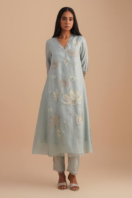 One Not Two Blue Silk, Organza, Crepe Embroidery, Sequins V-neck Floral Applique Kurta Set Online at Aza Fashions One Not Two_Blue Silk, Organza, Crepe Embroidery, Sequins V-neck Floral Applique Kurta Set _Online_at_Aza_Fashions