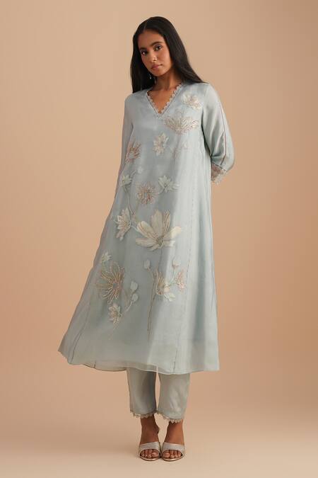 Buy One Not Two Blue Silk, Organza, Crepe Embroidery, Sequins V-neck Floral Applique Kurta Set Online at Aza Fashions Buy_One Not Two_Blue Silk, Organza, Crepe Embroidery, Sequins V-neck Floral Applique Kurta Set _Online_at_Aza_Fashions