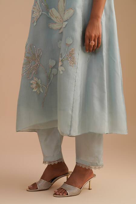 Shop One Not Two Blue Silk, Organza, Crepe Embroidery, Sequins V-neck Floral Applique Kurta Set Online at Aza Fashions Shop_One Not Two_Blue Silk, Organza, Crepe Embroidery, Sequins V-neck Floral Applique Kurta Set _Online_at_Aza_Fashions