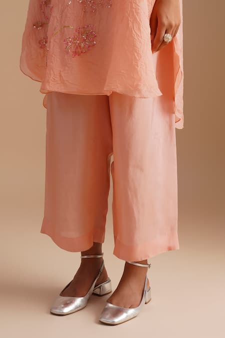 One Not Two_Pink Viscose, Organza, Silk Sequins, Beads V-neck Floral Embroidered Kurta Set _Online_at_Aza_Fashions