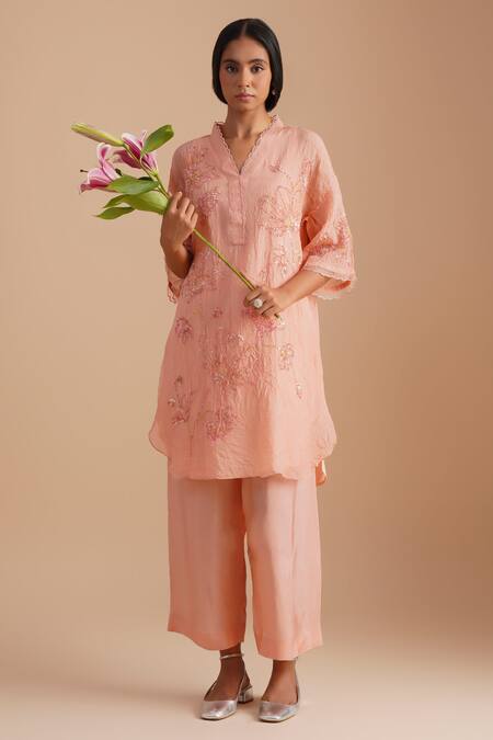 Buy_One Not Two_Pink Viscose, Organza, Silk Sequins, Beads V-neck Floral Embroidered Kurta Set _Online_at_Aza_Fashions