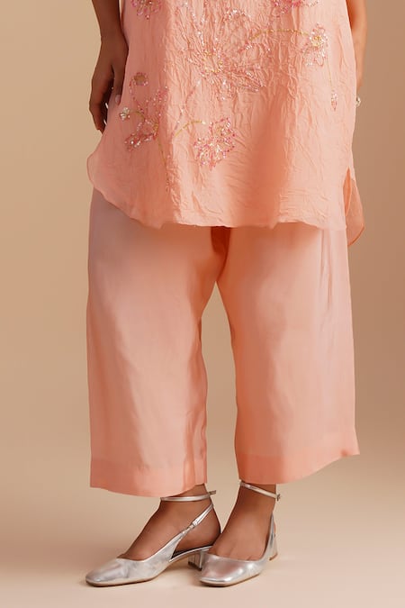 One Not Two_Pink Viscose, Organza, Silk Sequins, Beads V-neck Floral Embroidered Kurta Set _at_Aza_Fashions