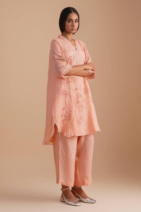 Buy_One Not Two_Pink Viscose, Organza, Silk Sequins, Beads V-neck Floral Embroidered Kurta Set 