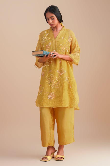 One Not Two Yellow Viscose, Organza, Silk Sequins, Beads Floral Hand Embroidered Kurta Set Online at Aza Fashions One Not Two_Yellow Viscose, Organza, Silk Sequins, Beads Floral Hand Embroidered Kurta Set _Online_at_Aza_Fashions