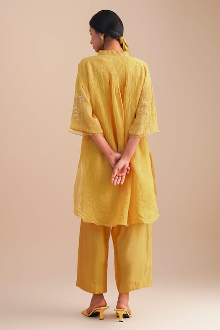 Shop One Not Two Yellow Viscose, Organza, Silk Sequins, Beads Floral Hand Embroidered Kurta Set at Aza Fashions Shop_One Not Two_Yellow Viscose, Organza, Silk Sequins, Beads Floral Hand Embroidered Kurta Set _at_Aza_Fashions
