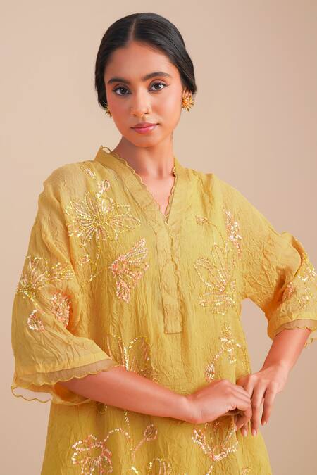 One Not Two Yellow Viscose, Organza, Silk Sequins, Beads Floral Hand Embroidered Kurta Set at Aza Fashions One Not Two_Yellow Viscose, Organza, Silk Sequins, Beads Floral Hand Embroidered Kurta Set _at_Aza_Fashions