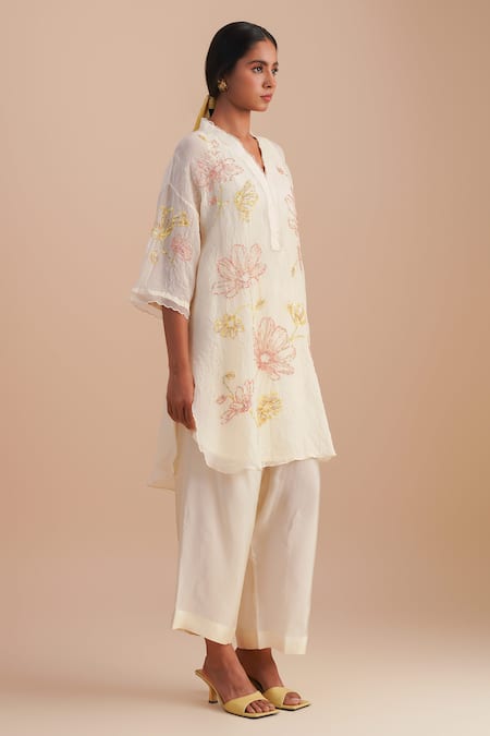 One Not Two_White Viscose, Organza, Silk Sequins, Beads Floral Hand Embroidered Kurta Set _Online_at_Aza_Fashions