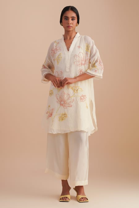 Buy_One Not Two_White Viscose, Organza, Silk Sequins, Beads Floral Hand Embroidered Kurta Set _Online_at_Aza_Fashions