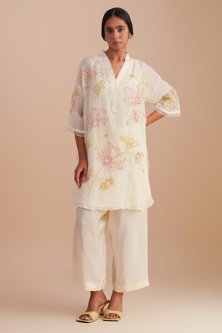 One Not Two White Viscose, Organza, Silk Sequins, Beads Floral Hand Embroidered Kurta Set 