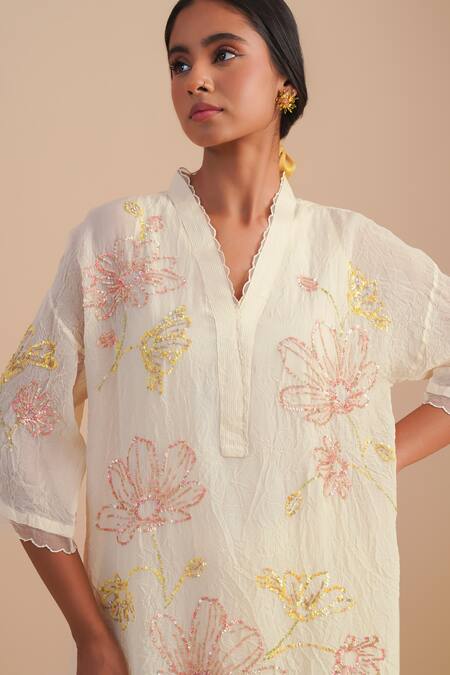 One Not Two_White Viscose, Organza, Silk Sequins, Beads Floral Hand Embroidered Kurta Set _at_Aza_Fashions