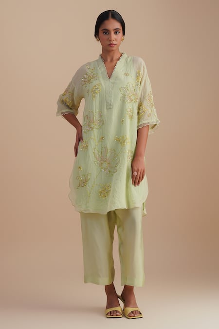 One Not Two Green Viscose, Organza, Silk Sequins, Beads V-neck Floral Embroidered Kurta Set 