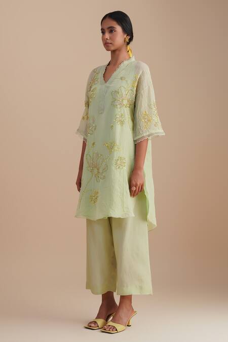 One Not Two_Green Viscose, Organza, Silk Sequins, Beads V-neck Floral Embroidered Kurta Set _Online_at_Aza_Fashions