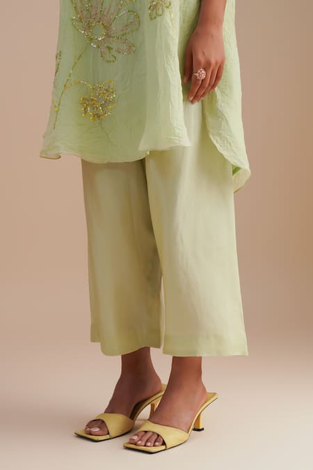 Buy_One Not Two_Green Viscose, Organza, Silk Sequins, Beads V-neck Floral Embroidered Kurta Set _Online_at_Aza_Fashions