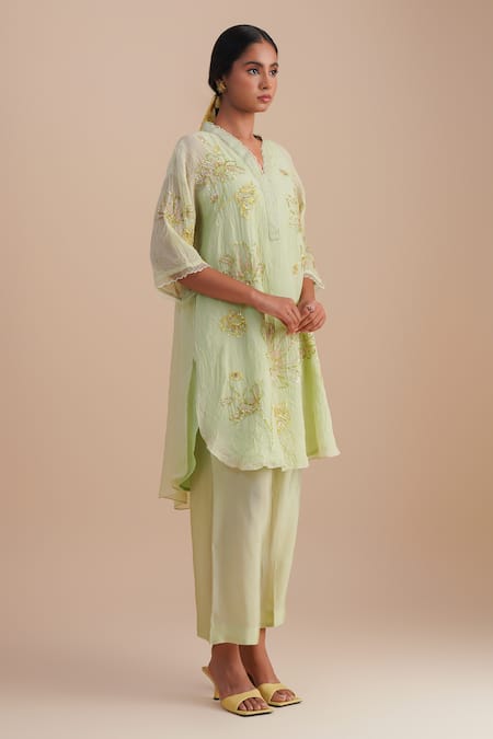 Shop_One Not Two_Green Viscose, Organza, Silk Sequins, Beads V-neck Floral Embroidered Kurta Set _Online_at_Aza_Fashions