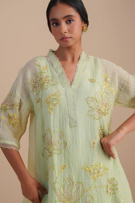 One Not Two_Green Viscose, Organza, Silk Sequins, Beads V-neck Floral Embroidered Kurta Set _at_Aza_Fashions
