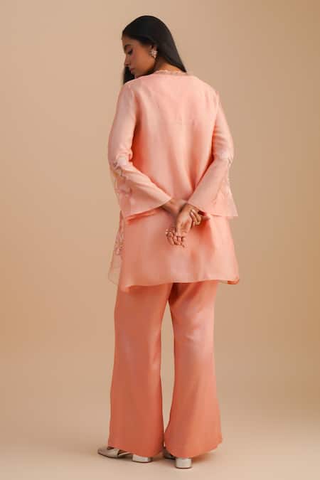 Shop One Not Two Pink Silk, Organza, Satin Embroidery, Sequins V-neck Floral Applique Kurta Set at Aza Fashions Shop_One Not Two_Pink Silk, Organza, Satin Embroidery, Sequins V-neck Floral Applique Kurta Set _at_Aza_Fashions