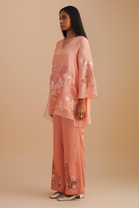 Buy One Not Two Pink Silk, Organza, Satin Embroidery, Sequins V-neck Floral Applique Kurta Set Online at Aza Fashions Buy_One Not Two_Pink Silk, Organza, Satin Embroidery, Sequins V-neck Floral Applique Kurta Set _Online_at_Aza_Fashions