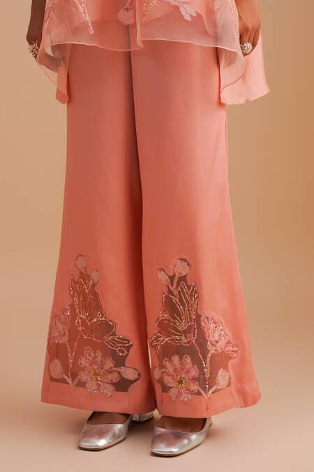 Shop One Not Two Pink Silk, Organza, Satin Embroidery, Sequins V-neck Floral Applique Kurta Set Online at Aza Fashions Shop_One Not Two_Pink Silk, Organza, Satin Embroidery, Sequins V-neck Floral Applique Kurta Set _Online_at_Aza_Fashions