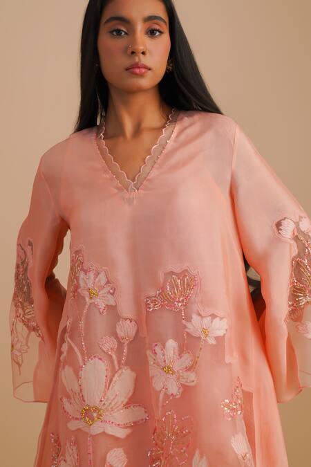 One Not Two Pink Silk, Organza, Satin Embroidery, Sequins V-neck Floral Applique Kurta Set at Aza Fashions One Not Two_Pink Silk, Organza, Satin Embroidery, Sequins V-neck Floral Applique Kurta Set _at_Aza_Fashions