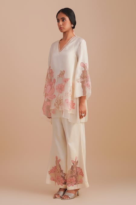 One Not Two Off White Silk, Organza, Satin Embroidery, Sequins, Applique Floral Kurta Set Online at Aza Fashions One Not Two_Off White Silk, Organza, Satin Embroidery, Sequins, Applique Floral Kurta Set _Online_at_Aza_Fashions