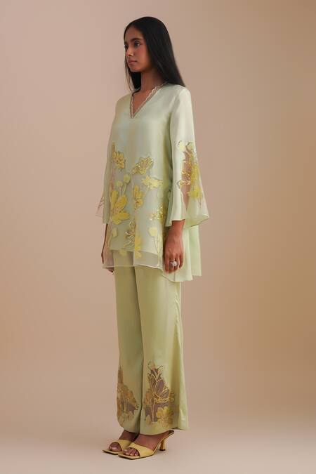 One Not Two_Green Silk, Organza, Satin Sequins, Beads, Embroidery Floral Applique Kurta Set _Online_at_Aza_Fashions
