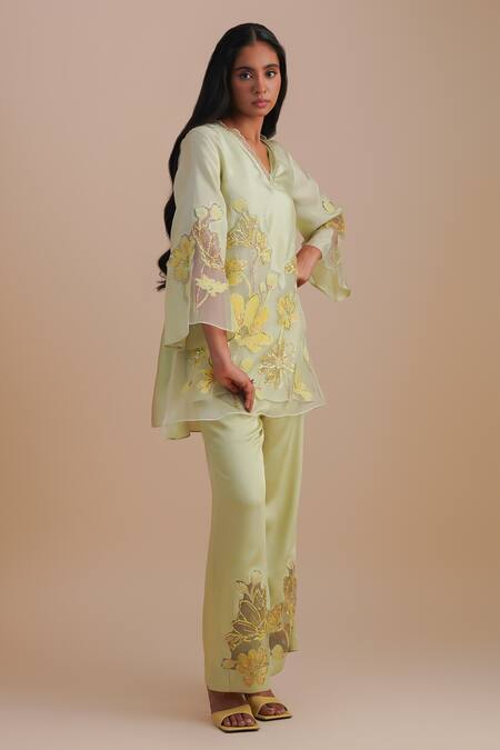 Buy_One Not Two_Green Silk, Organza, Satin Sequins, Beads, Embroidery Floral Applique Kurta Set _Online_at_Aza_Fashions