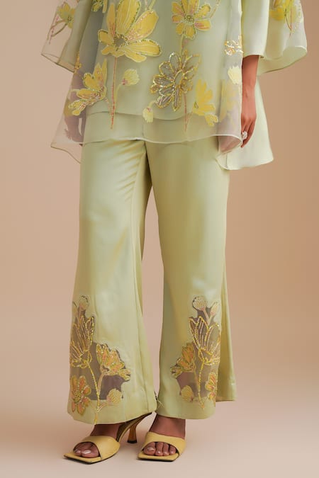 Shop_One Not Two_Green Silk, Organza, Satin Sequins, Beads, Embroidery Floral Applique Kurta Set _Online_at_Aza_Fashions