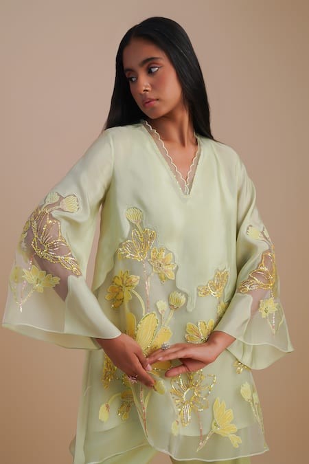 One Not Two_Green Silk, Organza, Satin Sequins, Beads, Embroidery Floral Applique Kurta Set _at_Aza_Fashions