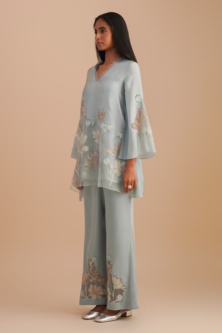 One Not Two_Blue Silk, Organza, Satin Sequins, Embroidery V-neck Floral Applique Kurta Set _Online_at_Aza_Fashions