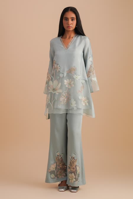 Buy_One Not Two_Blue Silk, Organza, Satin Sequins, Embroidery V-neck Floral Applique Kurta Set _Online_at_Aza_Fashions