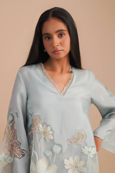 One Not Two_Blue Silk, Organza, Satin Sequins, Embroidery V-neck Floral Applique Kurta Set _at_Aza_Fashions