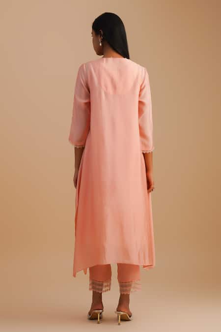 Shop One Not Two Pink Silk, Organza, Crepe Sequins, Beads Keyhole Neck Floral Applique Kurta Set at Aza Fashions Shop_One Not Two_Pink Silk, Organza, Crepe Sequins, Beads Keyhole Neck Floral Applique Kurta Set _at_Aza_Fashions