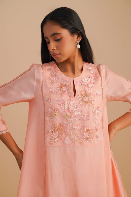One Not Two Pink Silk, Organza, Crepe Sequins, Beads Keyhole Neck Floral Applique Kurta Set Online at Aza Fashions One Not Two_Pink Silk, Organza, Crepe Sequins, Beads Keyhole Neck Floral Applique Kurta Set _Online_at_Aza_Fashions