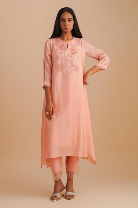 One Not Two Pink Silk, Organza, Crepe Sequins, Beads Keyhole Neck Floral Applique Kurta Set