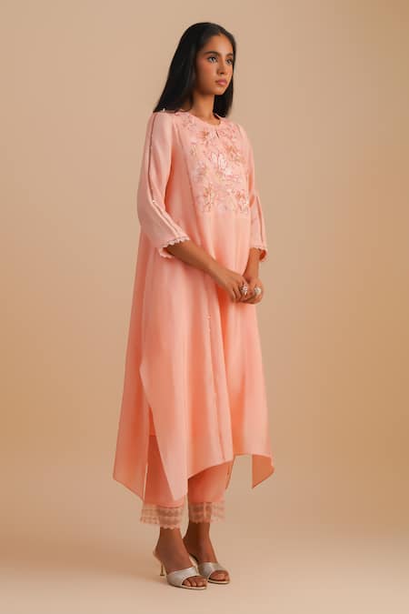 Buy One Not Two Pink Silk, Organza, Crepe Sequins, Beads Keyhole Neck Floral Applique Kurta Set Online at Aza Fashions Buy_One Not Two_Pink Silk, Organza, Crepe Sequins, Beads Keyhole Neck Floral Applique Kurta Set _Online_at_Aza_Fashions