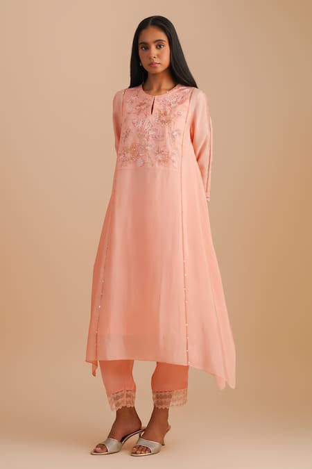 Shop One Not Two Pink Silk, Organza, Crepe Sequins, Beads Keyhole Neck Floral Applique Kurta Set Online at Aza Fashions Shop_One Not Two_Pink Silk, Organza, Crepe Sequins, Beads Keyhole Neck Floral Applique Kurta Set _Online_at_Aza_Fashions