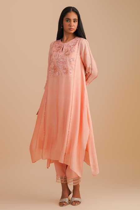 One Not Two Pink Silk, Organza, Crepe Sequins, Beads Keyhole Neck Floral Applique Kurta Set at Aza Fashions One Not Two_Pink Silk, Organza, Crepe Sequins, Beads Keyhole Neck Floral Applique Kurta Set _at_Aza_Fashions