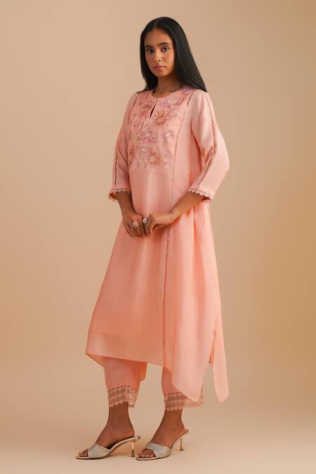 Buy One Not Two Pink Silk, Organza, Crepe Sequins, Beads Keyhole Neck Floral Applique Kurta Set Buy_One Not Two_Pink Silk, Organza, Crepe Sequins, Beads Keyhole Neck Floral Applique Kurta Set