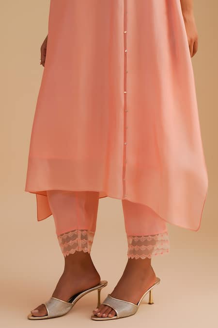 Shop One Not Two Pink Silk, Organza, Crepe Sequins, Beads Keyhole Neck Floral Applique Kurta Set Shop_One Not Two_Pink Silk, Organza, Crepe Sequins, Beads Keyhole Neck Floral Applique Kurta Set