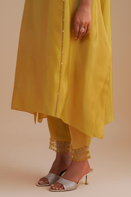 One Not Two_Yellow Silk, Organza, Crepe Sequins, Beads Keyhole Floral Applique Kurta Set _Online_at_Aza_Fashions