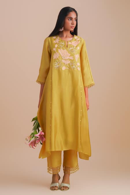 Buy_One Not Two_Yellow Silk, Organza, Crepe Sequins, Beads Keyhole Floral Applique Kurta Set _Online_at_Aza_Fashions