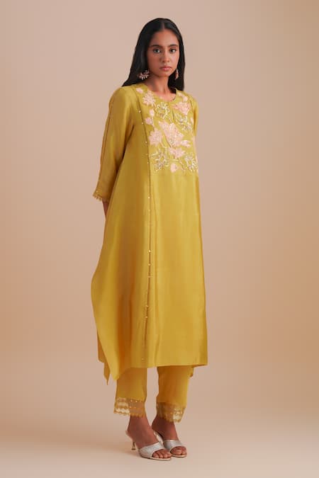 Shop_One Not Two_Yellow Silk, Organza, Crepe Sequins, Beads Keyhole Floral Applique Kurta Set _Online_at_Aza_Fashions